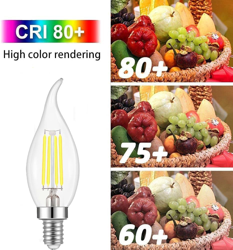 Pack of 12 E14 4W LED Flame Filament Candle Light Bulb, 40W Equivalent Incandescent Replacement, Daylight White 6000K 400LM, Edison Screw Classic Candle Bulb, AC 110-120V, Non-Dimmable