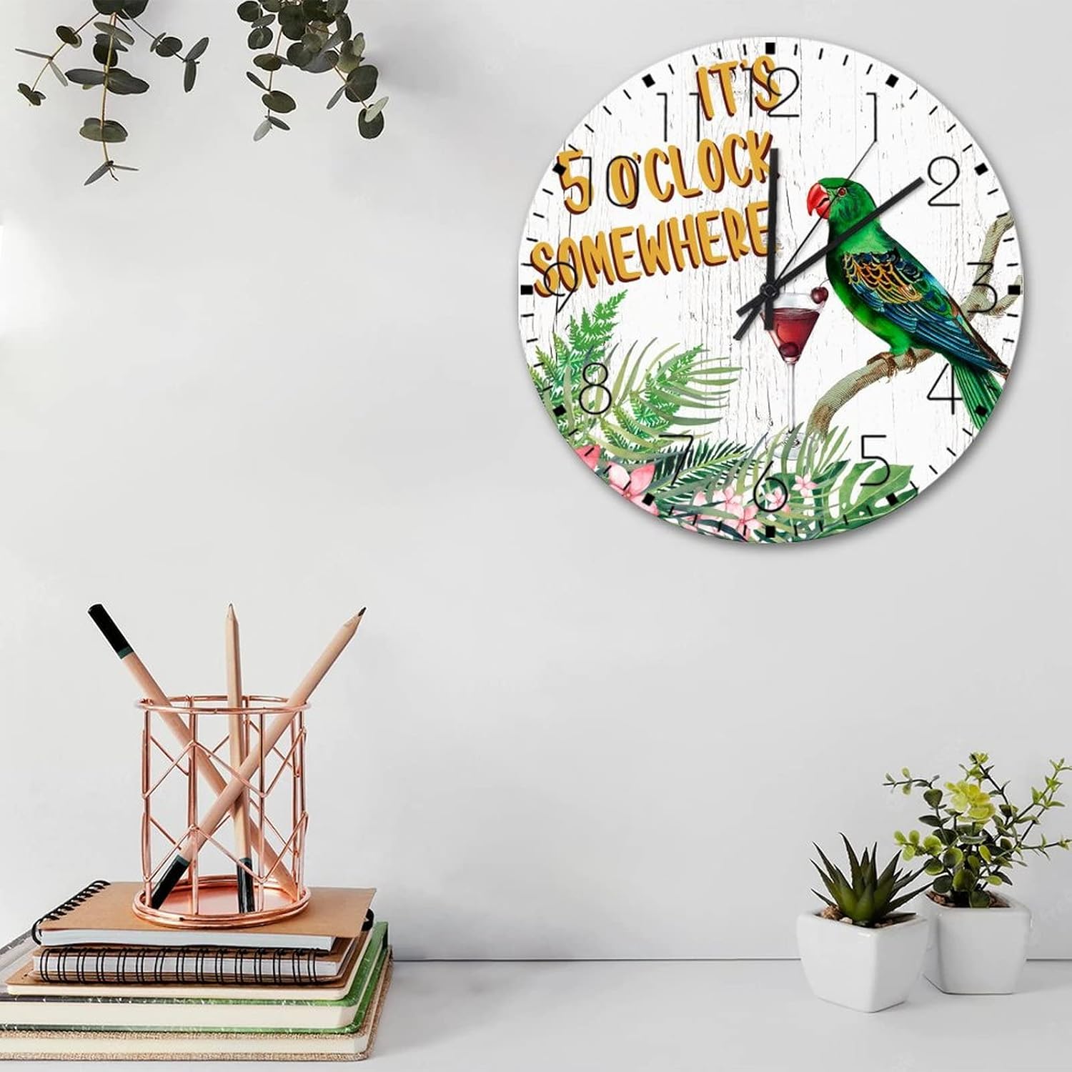 15" Silent Non-Ticking Wall Clocks Battery It's Five O'clock Somewhere Home Decoration for Bedroom Beer Bar Club Glass Parrot Personalized Round Wooden Wall Clock Vintage for Church Study Room