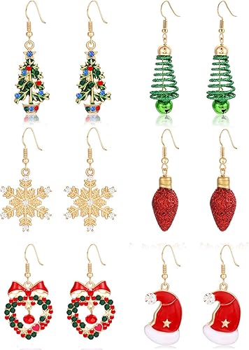 Juego de aretes de Navidad, diseño de corazón de cristal, copo de nieve, árbol de Navidad, bombilla con purpurina, sombrero de Navidad, aretes de