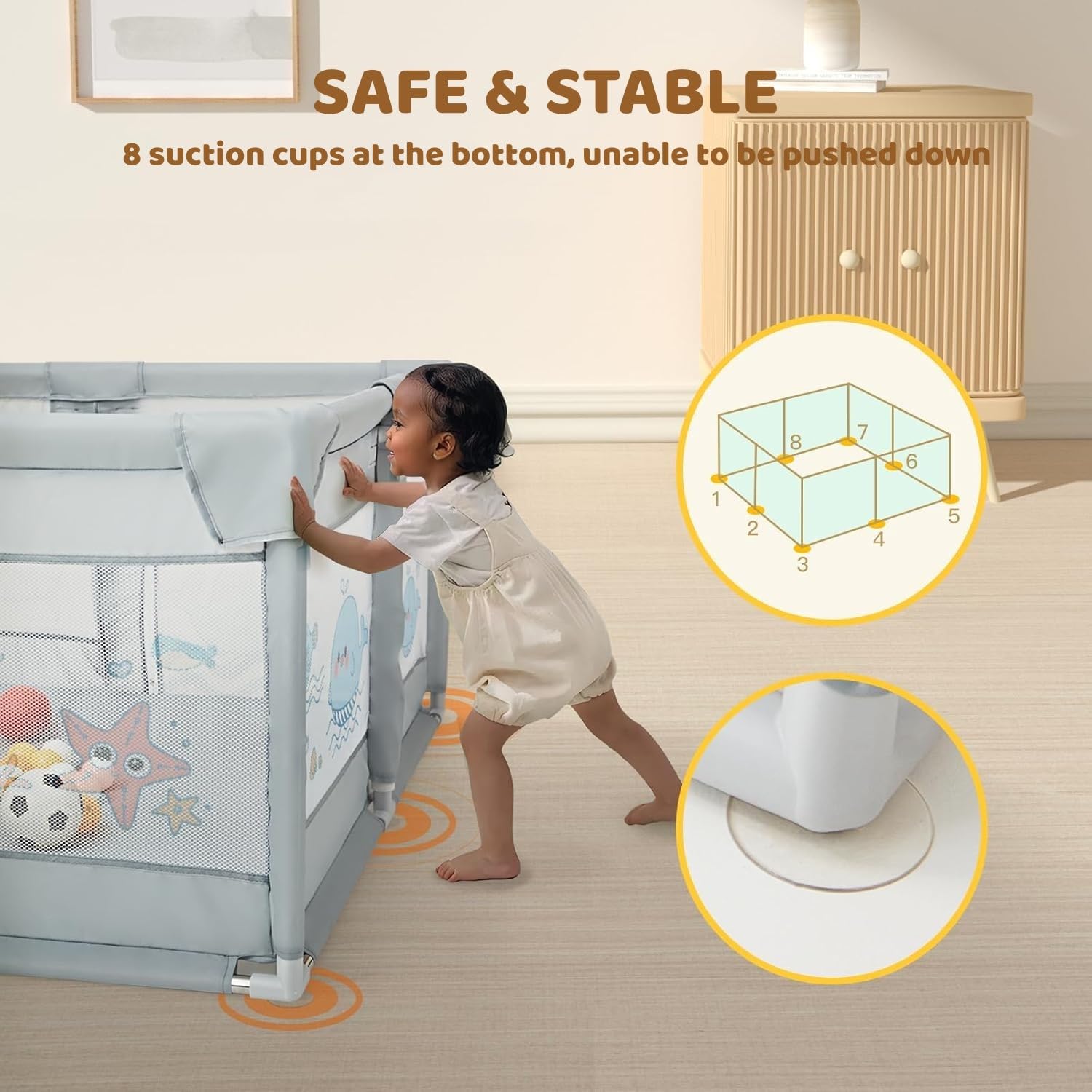 Dawnwake Small Playpen 120 x 120 cm for Toddlers & Kids up to 3 Years with 2 Anti-Fall Grasp Rings, Baby Fence with Safety Lock & Suction Cup (No Mat/No Ball, Non-Foldable) -Grey 1