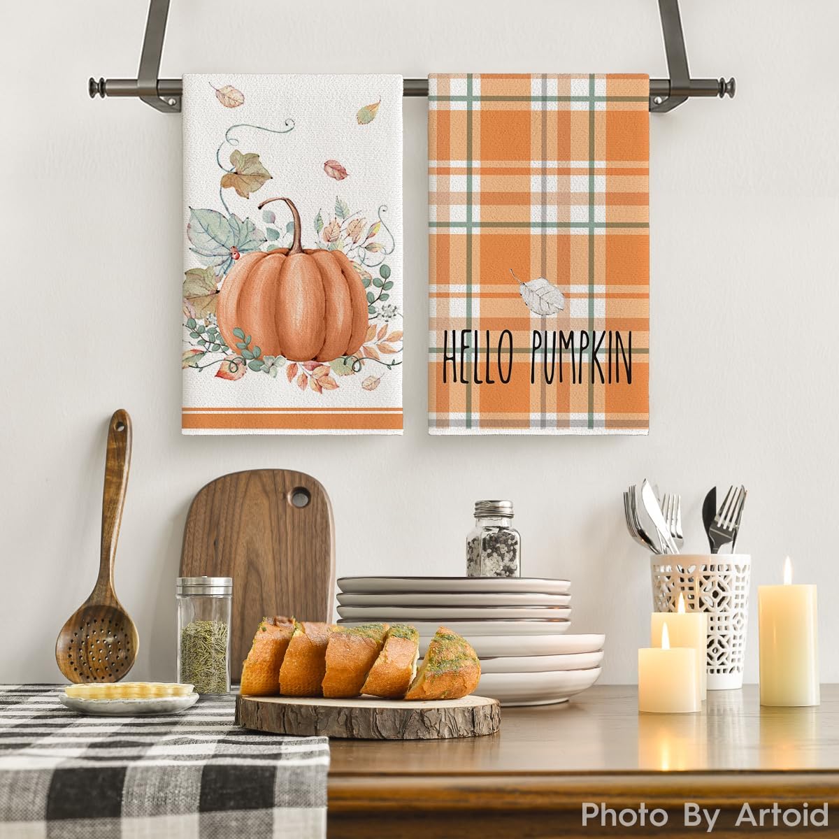 Artoid Mode Orange Hello Pumpkin Fall Kitchen Towels Dish Towels, 18x26 Inch Watercolor Stripes Leaves Decoration Hand Towels Set of 2 - Image 2