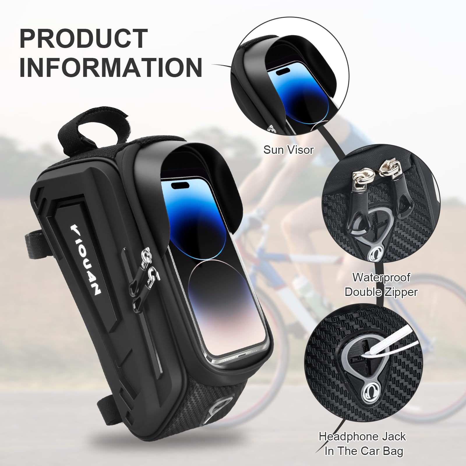 Borsa per bicicletta impermeabile, borsa per telaio in con touch screen in TPU, borsa manubrio MTB, supporto per telefono per bicicletta fino a 8" (24×12×12cm)