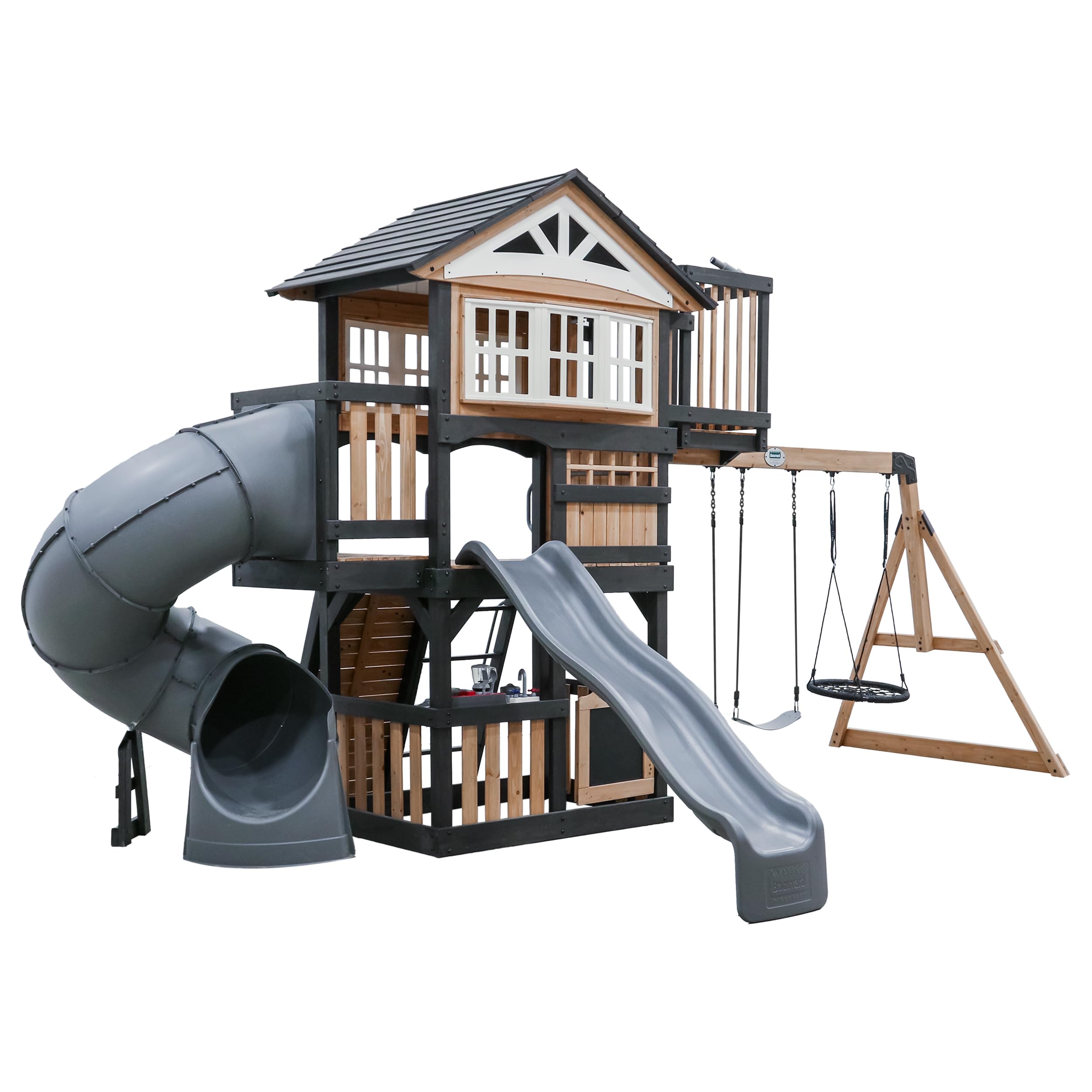 Backyard Discovery Magnolia Falls | Outdoor Playground for Kids, Garden Play Equipment for Children | All Cedar Wood Playset/Climbing Frame Complete with Two Slides, Two Belt-Swings & Web Swing
