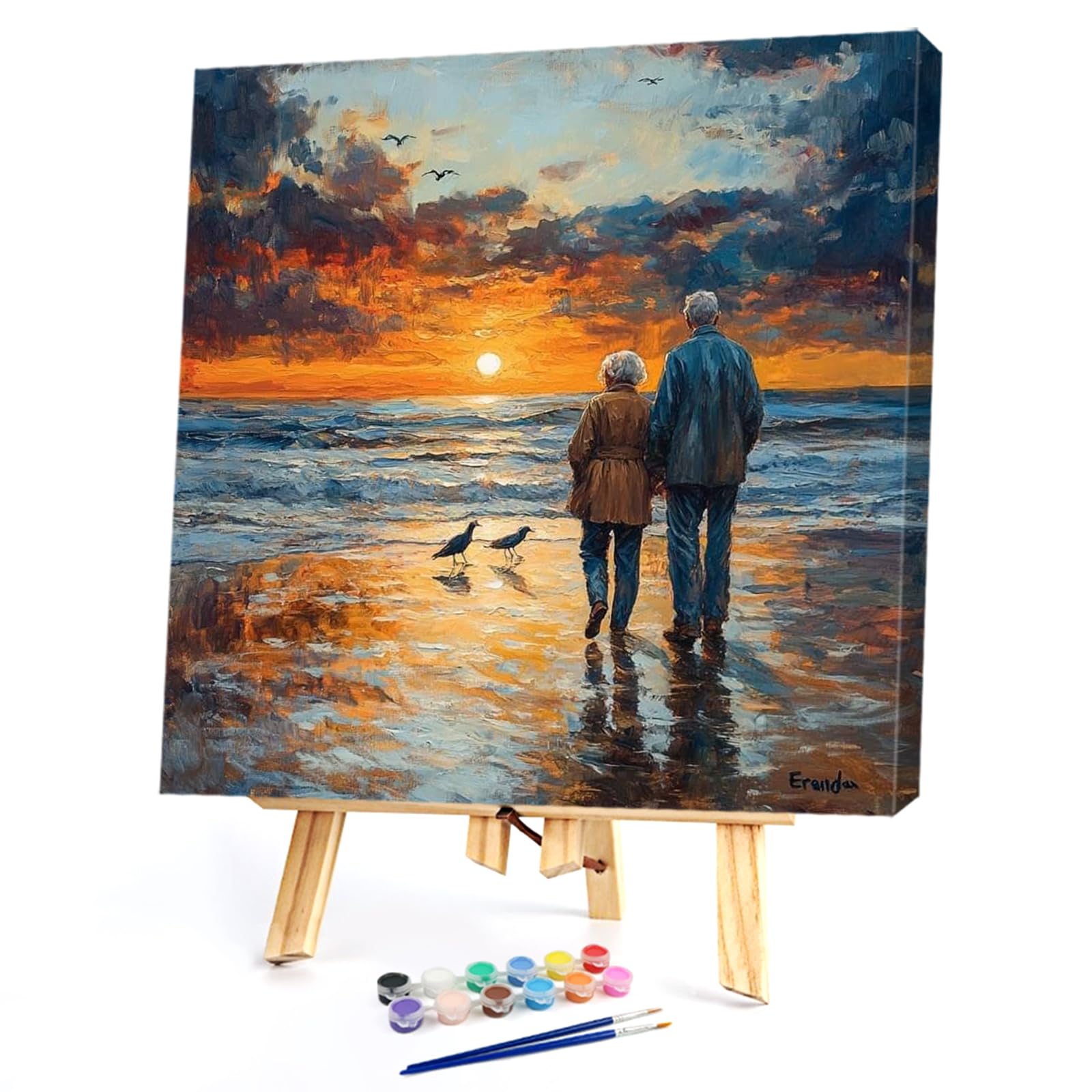 Poetrydraw Old Couple At The Beach Diy Paint By Numbers Kit 9.84X9.84inch Canvas Oil Painting For Beginners & Adults Gift Home Decor