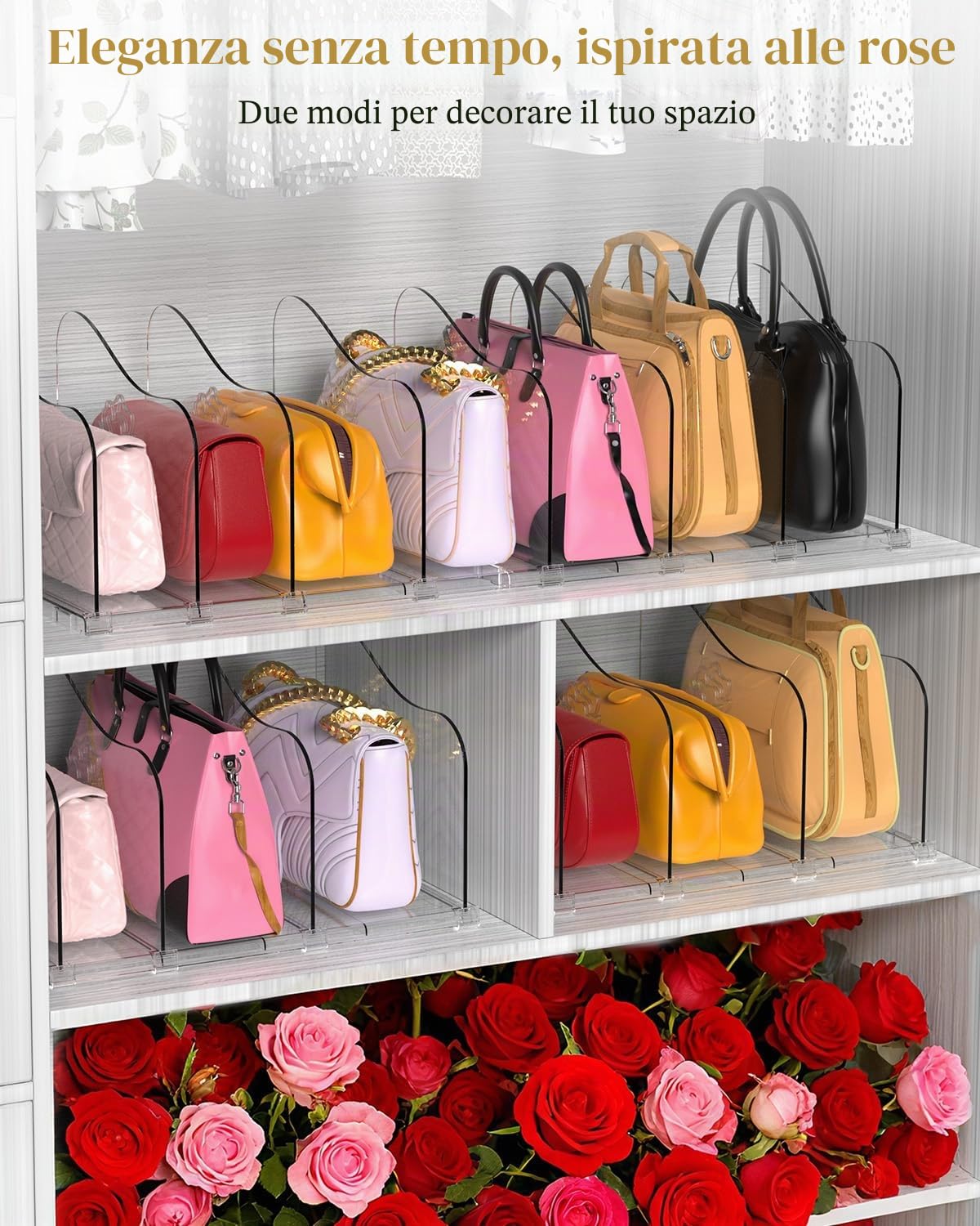 Confezione da 2 organizer per borse a forma di rosa, divisori regolabili per armadio, organizer trasparente per armadio, separatore per libreria in plastica per camera da letto, ufficio, casa, ottimo