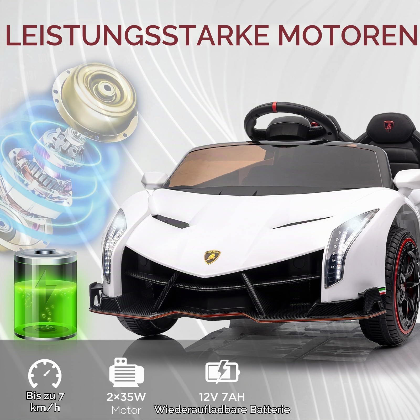 Garvee Kinder Elektroauto Lamborghini 12V – 2 Sitze, 2 Motoren, 2.4G Fernbedienung, Hupe, Musik, Bluetooth & USB, Vorwärts-/Rückwärtsfahrt, Elektrisches Kinderfahrzeug Für Kinder Ab 3 Jahre