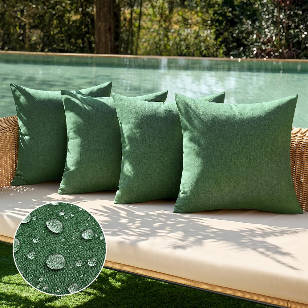 miulee pack of 4 decorative outdoor throw pillow covers linen waterproof pillow covers summer farmhouse cushion cases for patio garden tent balcony couch sofa 18x18 inch dark green