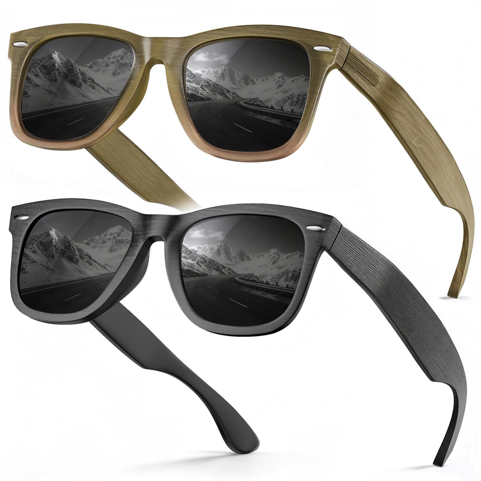 Photo 1 of KISDATE OPTICS 2 PCS XL Polarized Sunglasses for Men, Wood Grain Sun Glasses for Big Heads, Anti Scratch/Saltwater Resistant/Oleophobic Lens with UV400 for Driving Fishing Golf, 2 Green