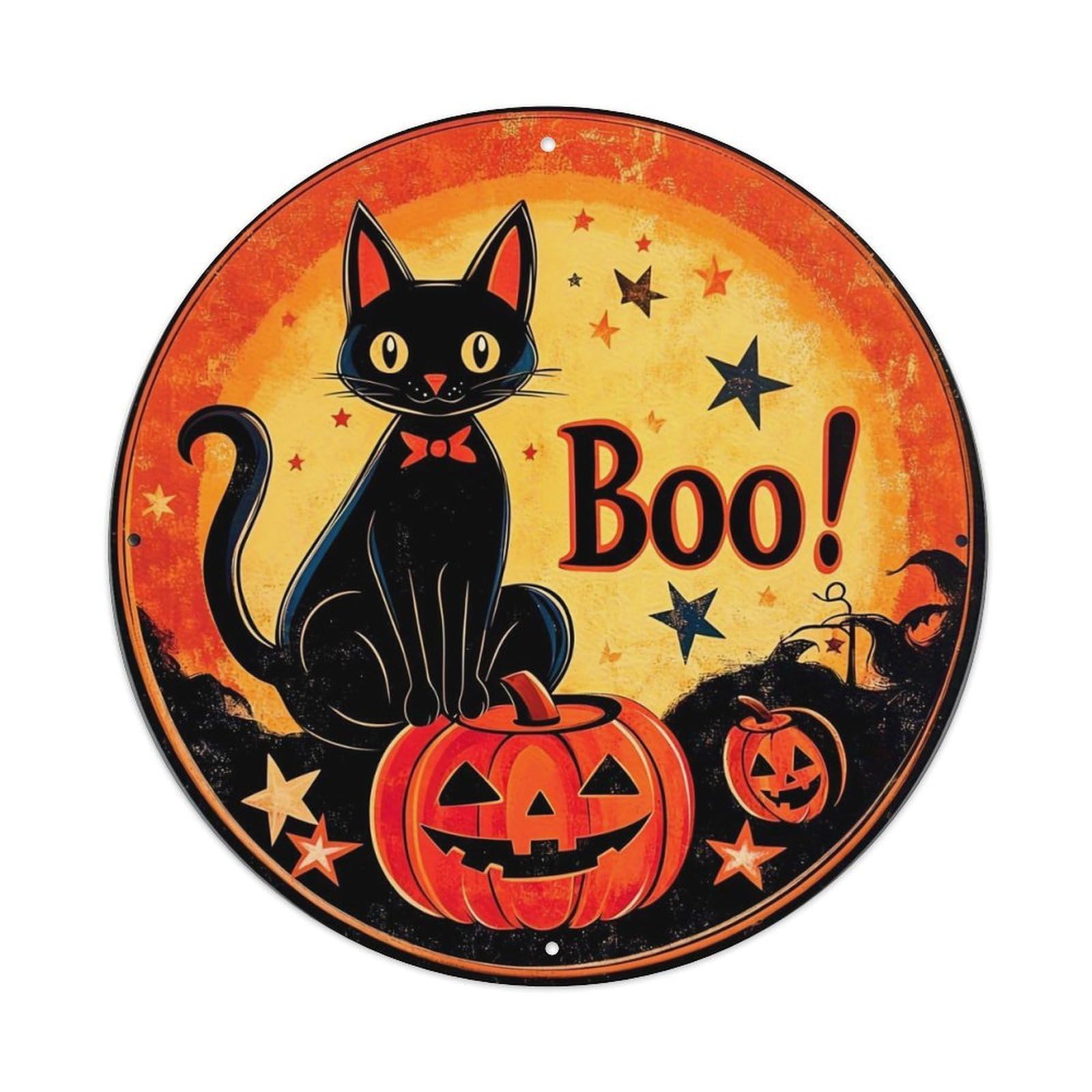 Black Cat On Pumpkin Boo Vintage Metal Tin Sign Retro Wall Decor for Home Bar Garage Cafe, Indoor & Outdoor Decorative，circle Metal Poster, 8x8 Inch