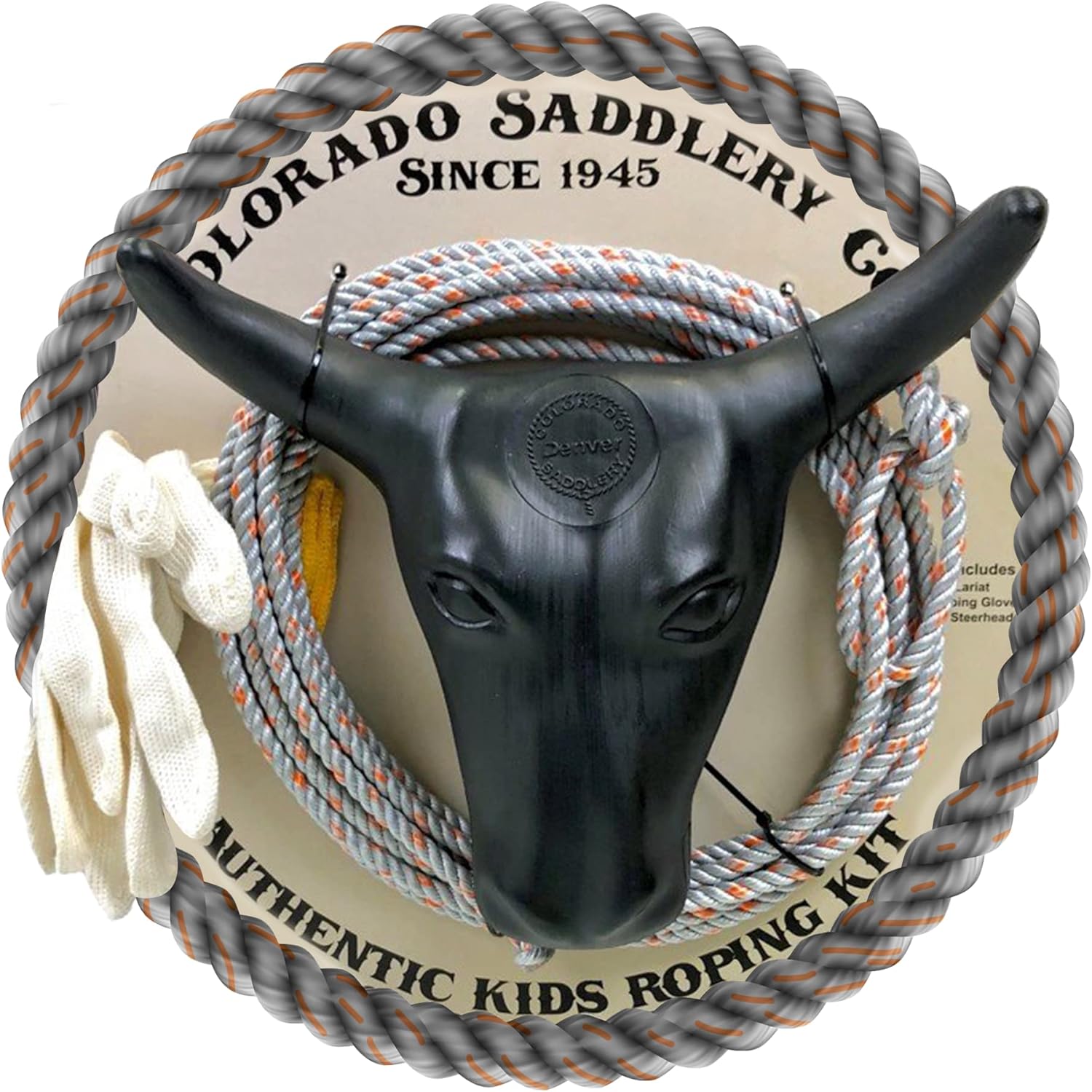 Colorado Saddlery Junior Roping Kit - Includes Lasso Rope, Roping Dummy Steer Head with Stakes, Kid's Lariat & Small Glove - Rodeo Set for Kids