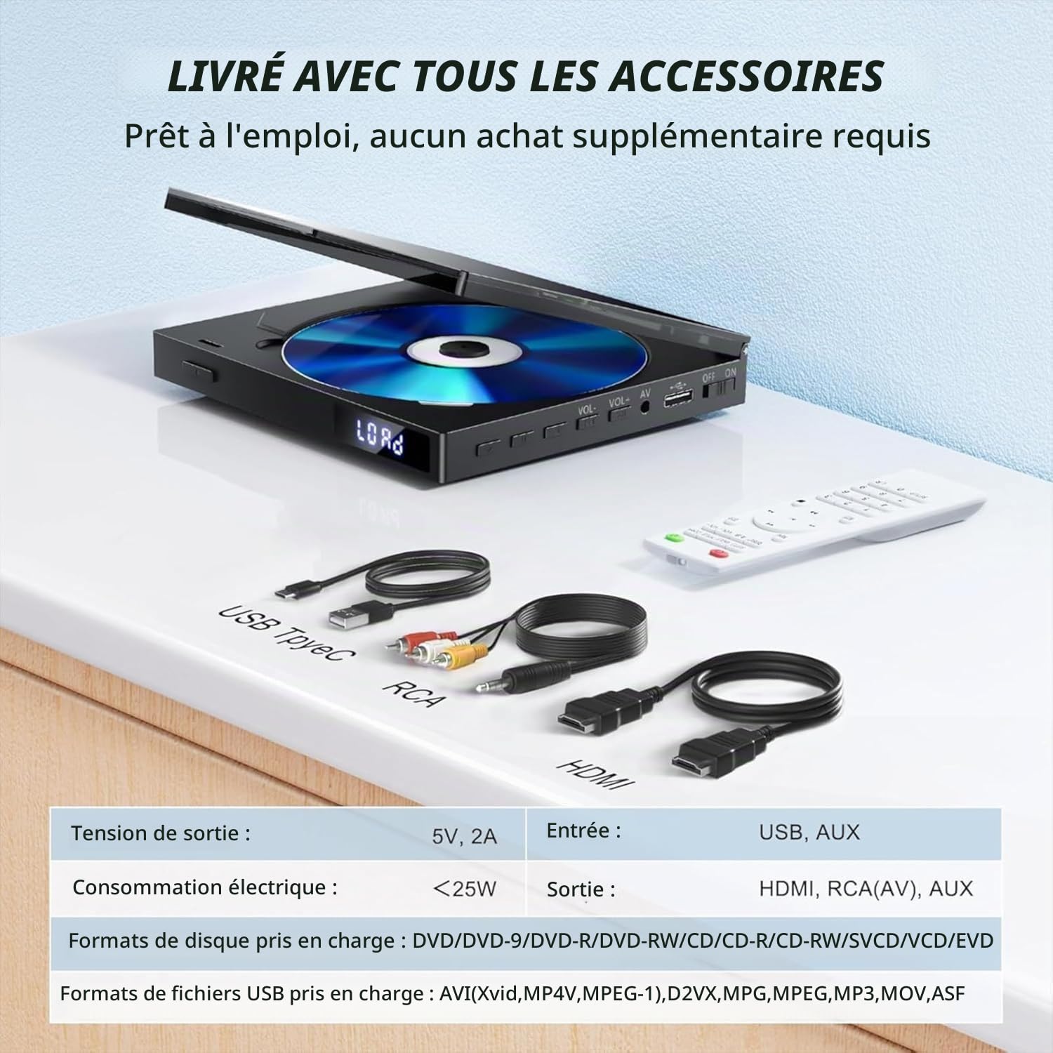 Mini Lecteur DVD HDMI, Petit Lecteur DVD 1080P pour Télévision | Toutes Régions Gratuites, Lecture Mémoire avec HDMI & AV ConnecionTélécommande, Support PAL/NTSC