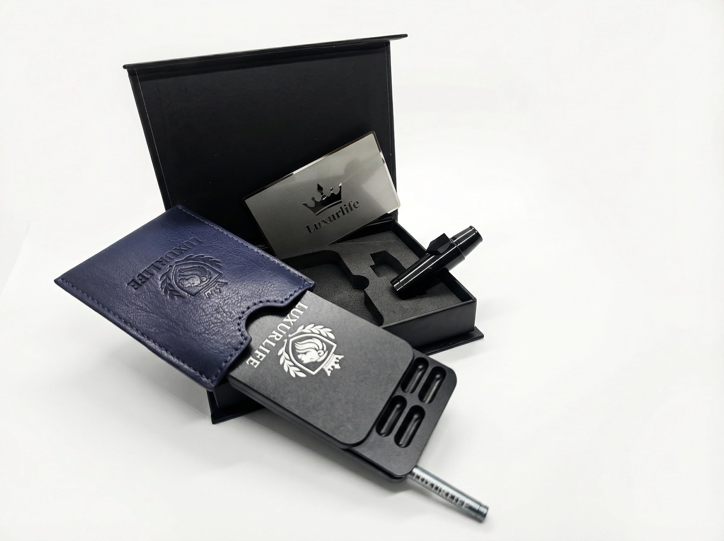 Aufbewahrungsbox aus Aluminiumlegierung, 8 Fächer, 2-reihiges Design, Löwen-Wappen mit Lasergravur, Tragbares Geschenkset (Obsidian Black)