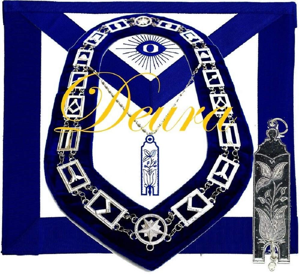 Masonic Master Mason Junior Warden Silver Jewel + Collar and Embroidered Apron Set