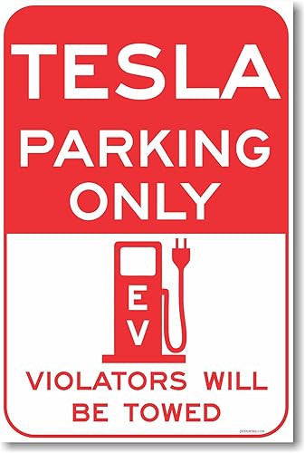 Cartel para estacionamiento de vehículos eléctricos con inscripción "Tesla Parking Only"
