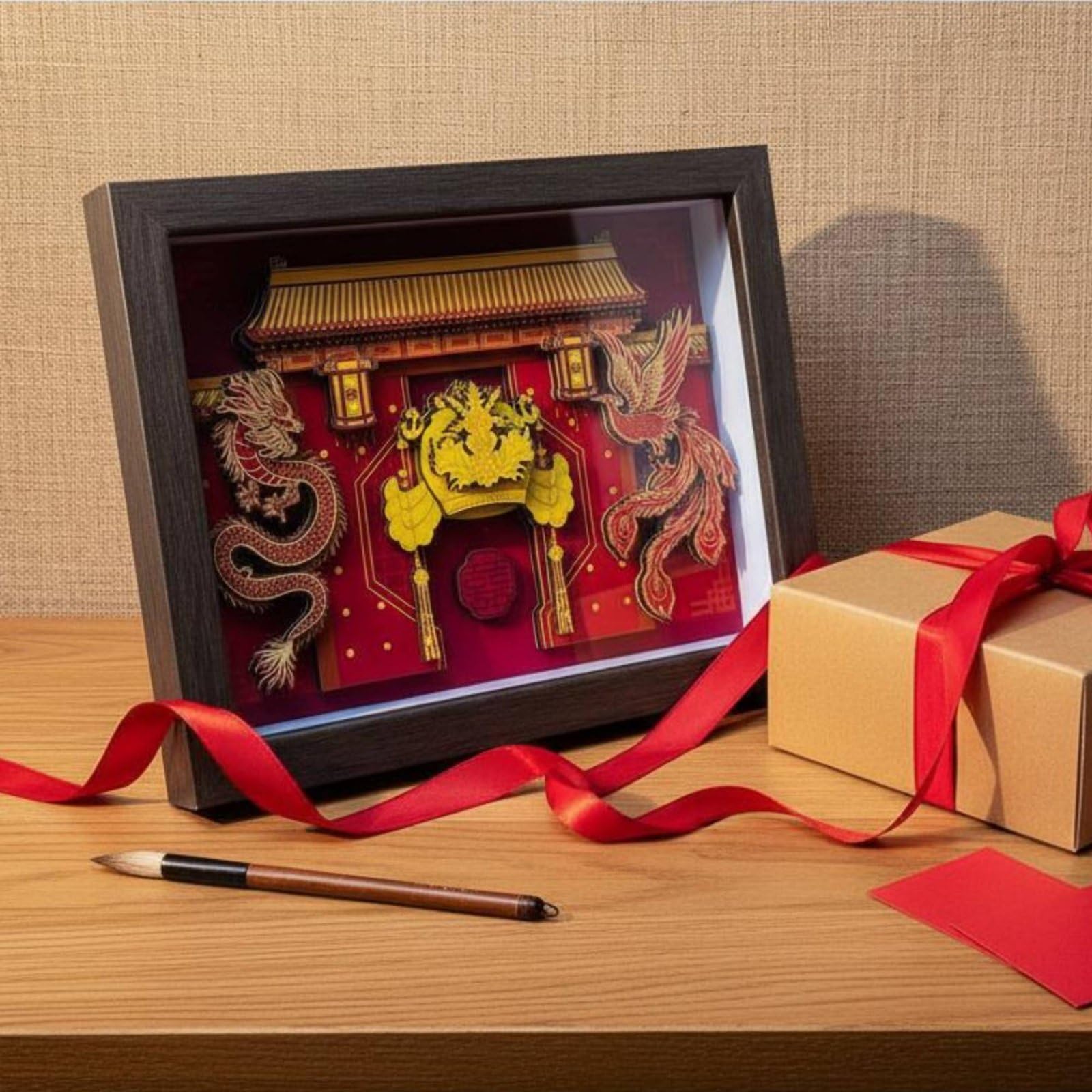 Qianly Traditionelle Papierkunst Papiermotiv Bilderrahmen Objekt Tischschmuck Ornamentschnitt mit Ausdrucksstarkem Tiefeneffekt für Hochzeit Verlobung Feier Geschenk Wohnraum Büro