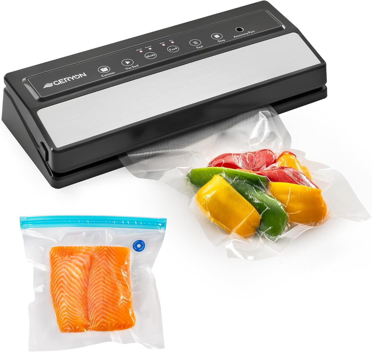 GERYON Vacuum Sealer Machine – Automatic Food Vacuum Sealer for Dry & Moist Food, Compact with LED Touch Panel, Includes Zipper Bags & Roll, Perfect for Sous Vide & Freezer Storage (Silver)