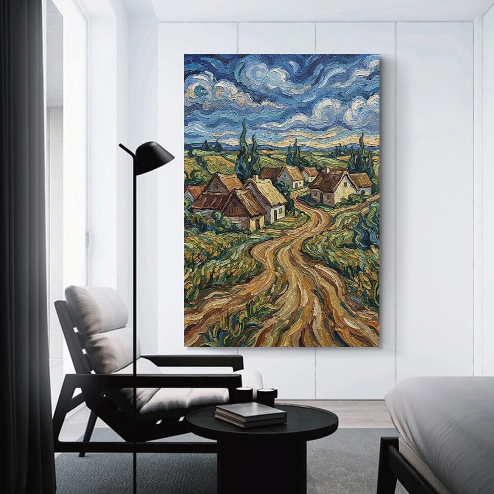 Junmoney Village Landscape Painting in Impressionist Style Decorative Wall Artwork 24x36inch(60x90cm), for Home Lounge, Bedroom Or Reading Nook, Easy Decor for Gallery Walls