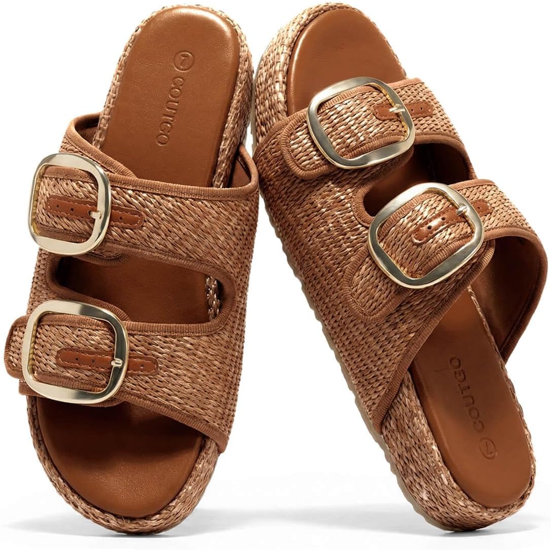Coutgo Womens Platform Sandals Raffia Espadrilles Two Band Open Toe Slip On Slides Beach Vacation Shoes