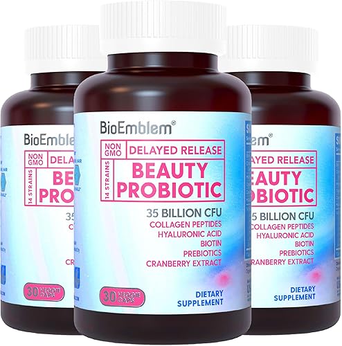 BioEmblem Probióticos de belleza para mujeres, 35 mil millones de UFC 14 cepas con biotina, colágeno, prebióticos para la salud digestiva, piel y