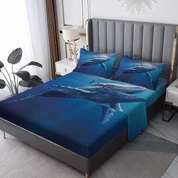 Whale Sheets King Sheet Set, Marine Life Coastal Bed Sheets, Ocean Animal Bedding Bedroom Decor, Soft Microfiber Deep Pocket Fitted Sheet & Flat Sheet & 2 Pillowcases