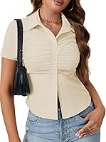 Vista 3 de LYANER Blusa de trabajo de manga corta acanalada con cuello en V y botones para mujer