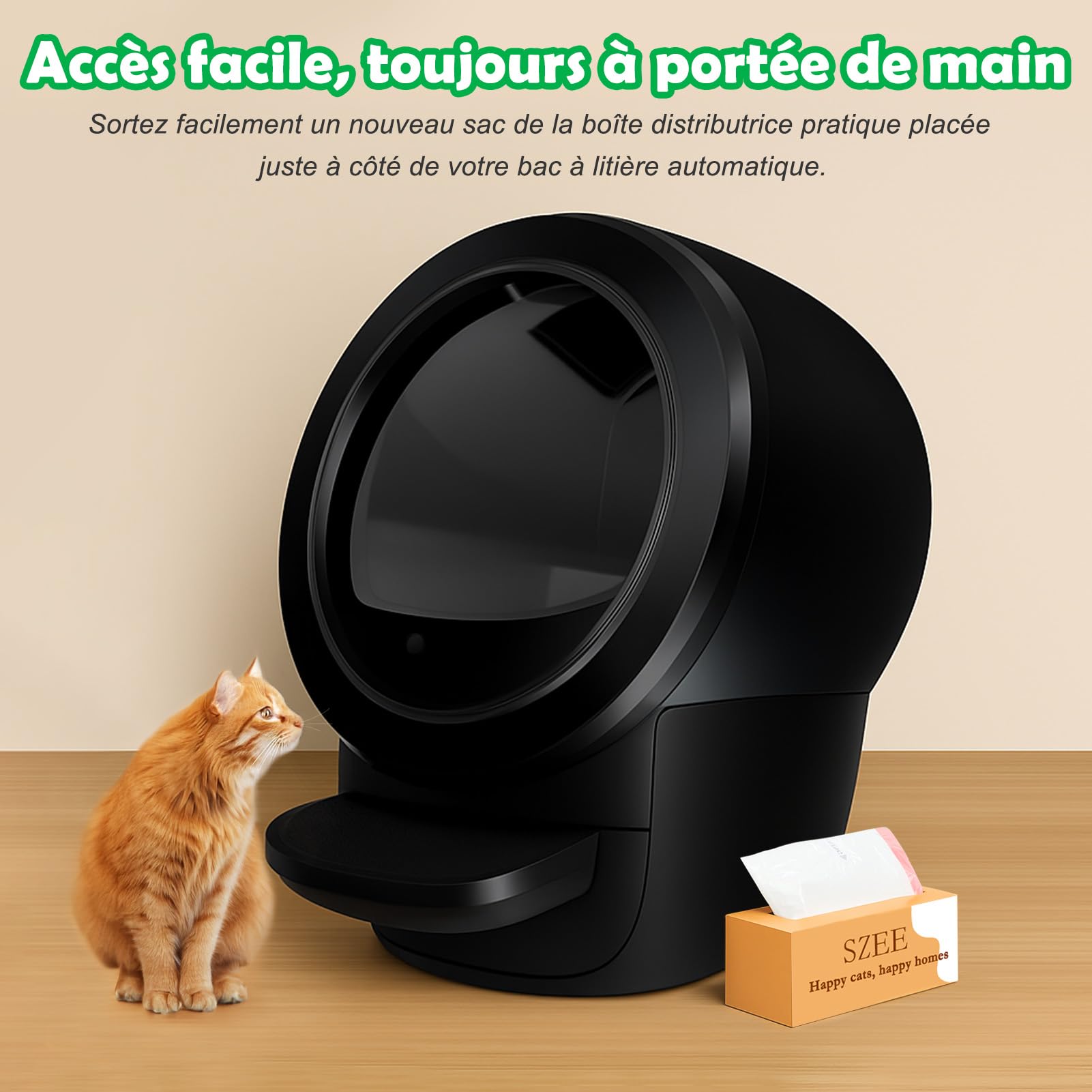 SZEE 120 Sacs pour Litière Chat Autonettoyants, Sacs Poubelles pour Litiere avec Cordons de Serrage, Housses pour Litière Compatible Litter Box 3/4, Résistants aux Griffes pour Chat, 61 x 36 cm