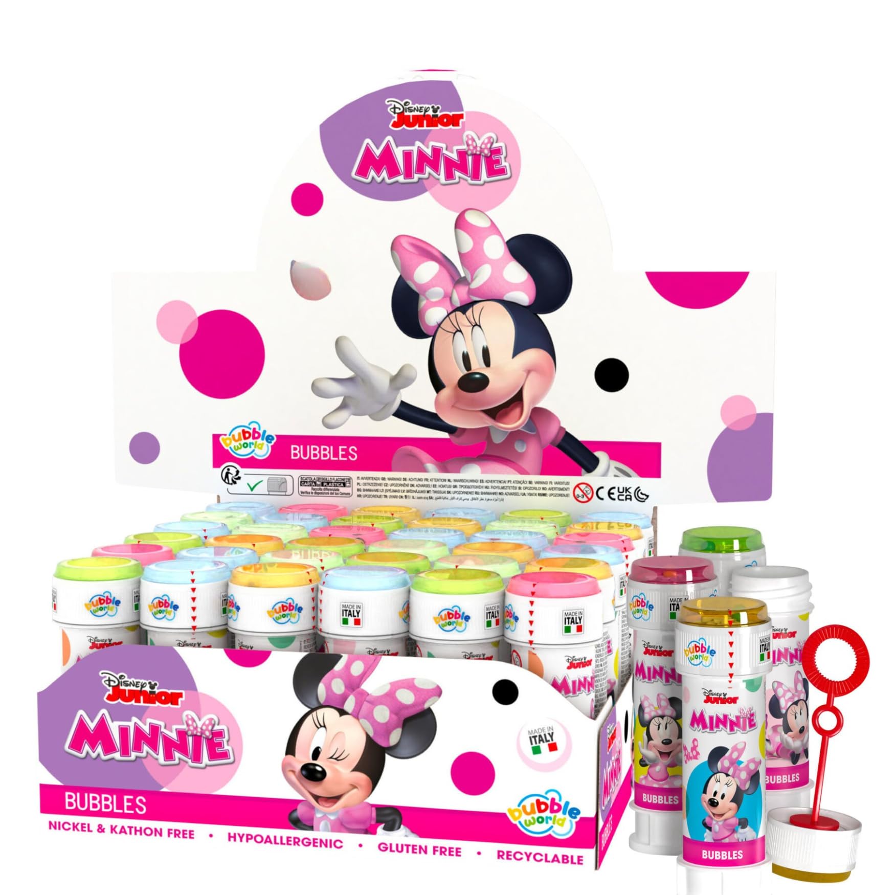 Disney Junior Minnie Mouse Bubble Tubes with Wands 36 x 60ml Puzzle Maze Lids Kids Bubble Toys Party Bag Fillers Birthday Party Favours Lucky Dip Prizes School Events Age 3+