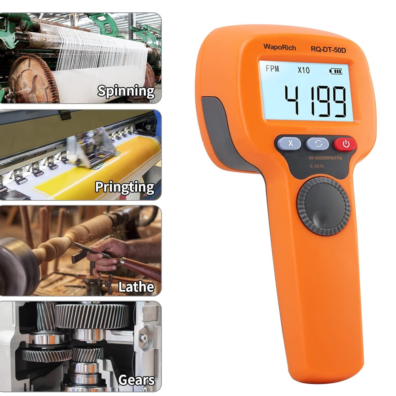 DT-50D stroboscope numérique à main sans contact 60-49999 tr/min LED haute précision rechargeable écran LCD pour machines à imprimer et filer Orange