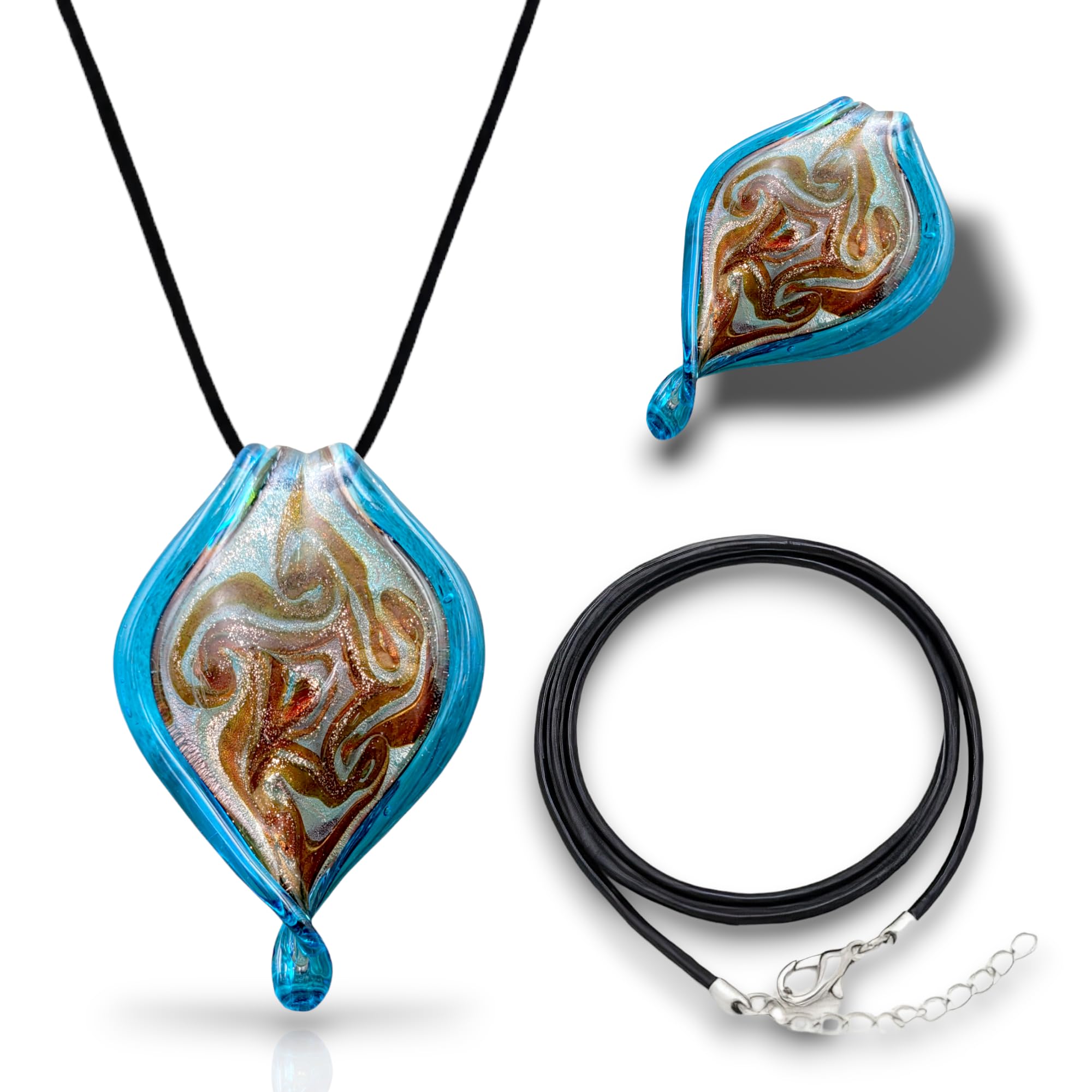 Handmade Murano Inspired Blown Abstract Glass Lampwork Art Pendant Necklace for Women Handcrafted Artisan Hypoallergenic Italian Style Jewelry