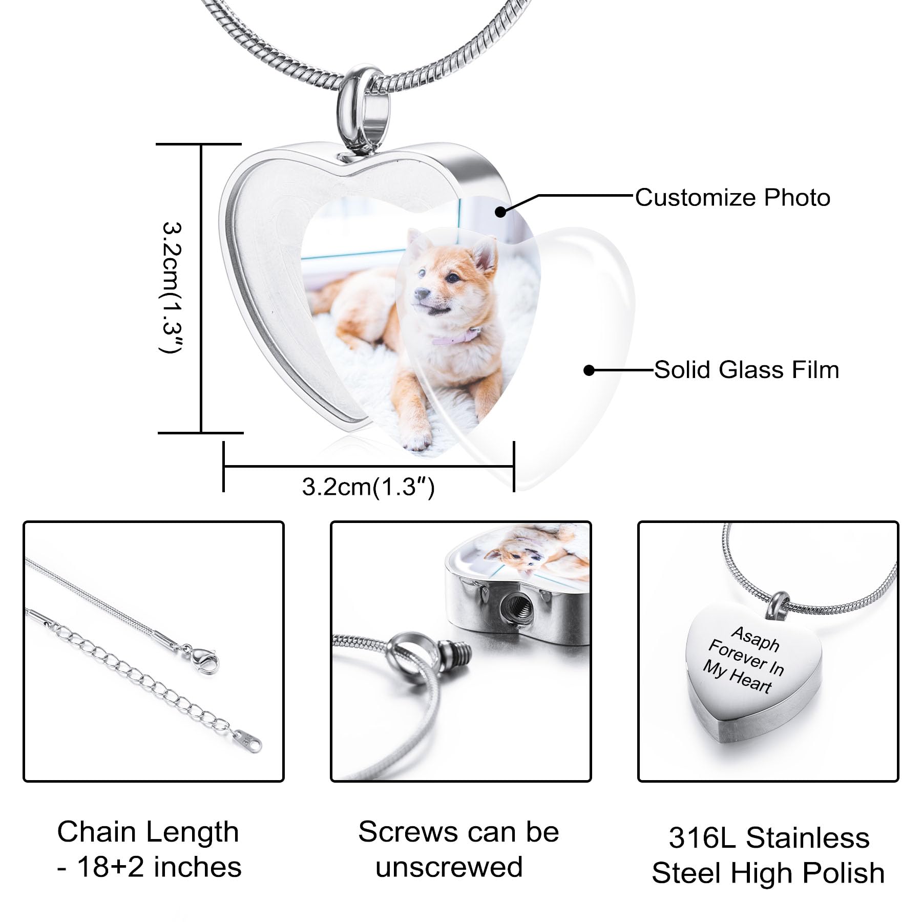 MeMeDIY Personalizzato Cuore Orma di Zampa Ceneri Urna Pendente Collana Personalizzato Nome/Foto/Data per Donna Uomo Animale Domestico Amante Memoriale Cane Gatto Ricordo Dell'animale Domestico