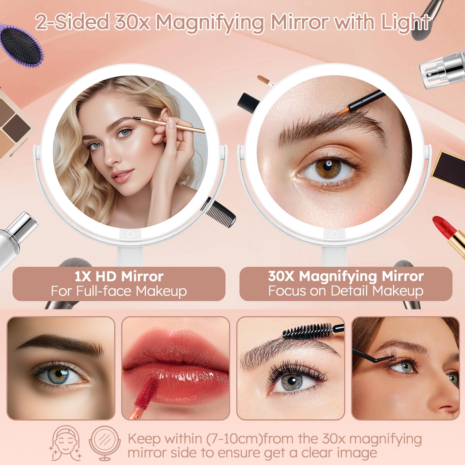 Sprifityy Specchio Trucco con Luci,30X/1X a doppia faccia specchio d'ingrandimento,Specchio ingranditore ricaricabile con luce,3 modalità di colore e luminosità regolabile, con tweeezer