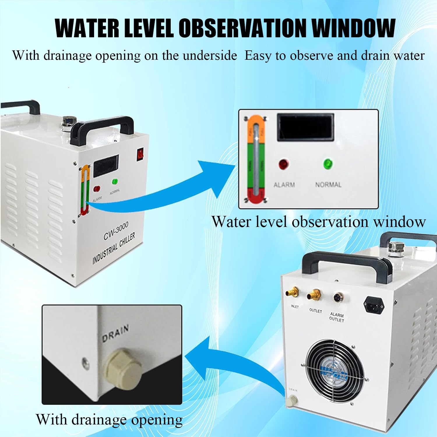 Industrial Chiller Enfriador de Agua Refrigerado Industrial, 220V CW-3000 para Tubo Láser CO2 de 60-130W, 9L Tanque, Enfriador de Tubo Láser de Vidrio Plateado Brillante (Glossy)