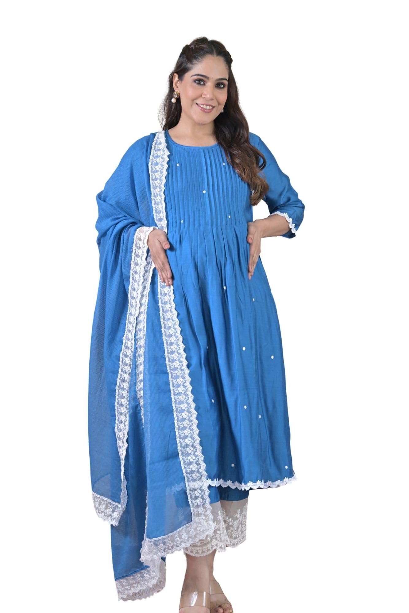 Luxe Blue Silk Maternity & Nursing Kurta Set with Bottom & Dupatta, 3 Piece Pregnancy Wear-image-3