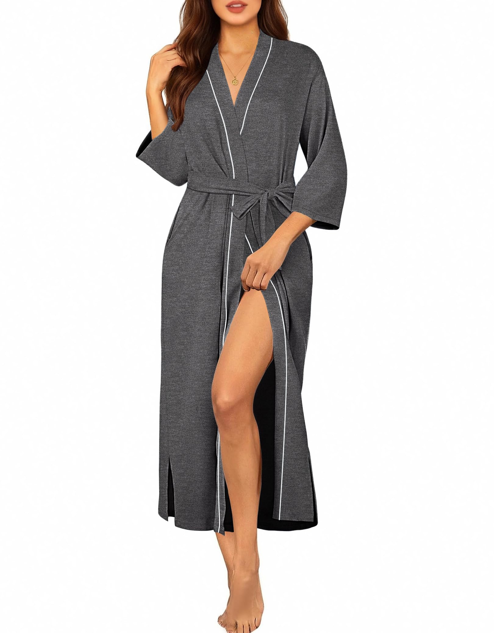Ekouaer Robes for Women Long Knit Bathrobe Lightweight 3/4 Sleeves Kimono Robe Soft Sleepwear with Pockets S-XXL