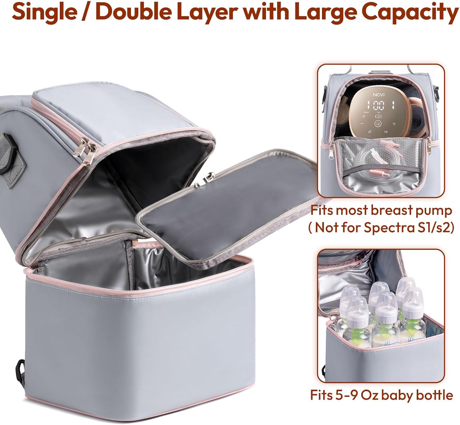 NCVI Breastmilk Cooler Bag with 2 Ice Pack, Breast Pump Bag with Cooler Fits 6 Bottles, Double Layer Breast Milk Baby Bottle Cooler Bag, for Travel, Nursing Mom Daycare, Work, Picnic (Grey)