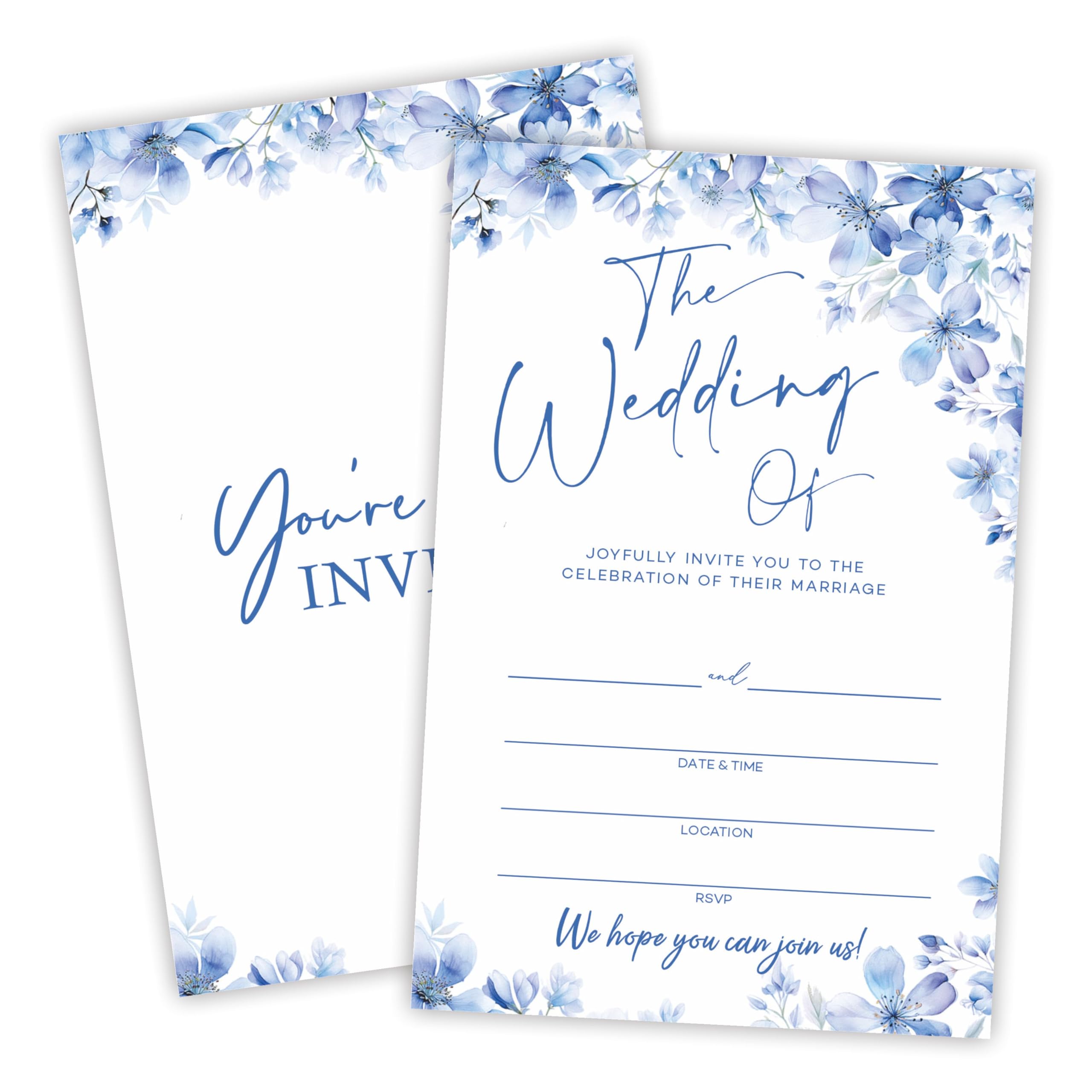 Inviti per matrimonio con motivo floreale blu, 25 biglietti di invito a nozze con buste, da riempire con stile inviti per sposi, Mr & Mrs, addio al nubilato, bomboniere e forniture – A01