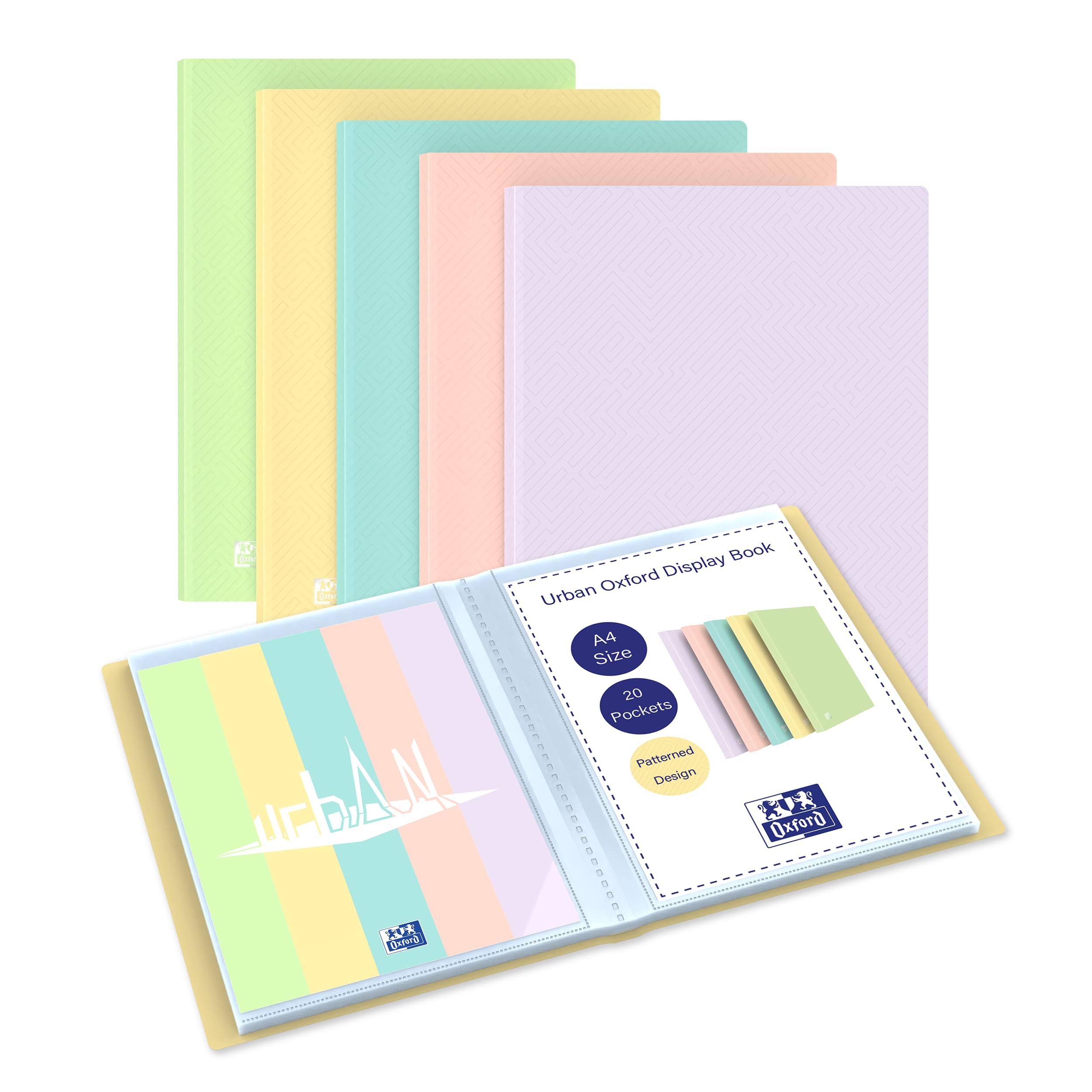 Oxford A4 Display Book, Lightweight & Flexible Folder for Student and Office, Opaque Assorted Pastel Colours, Presentation and Document Organizer, Pack of 5 x 20 Pockets