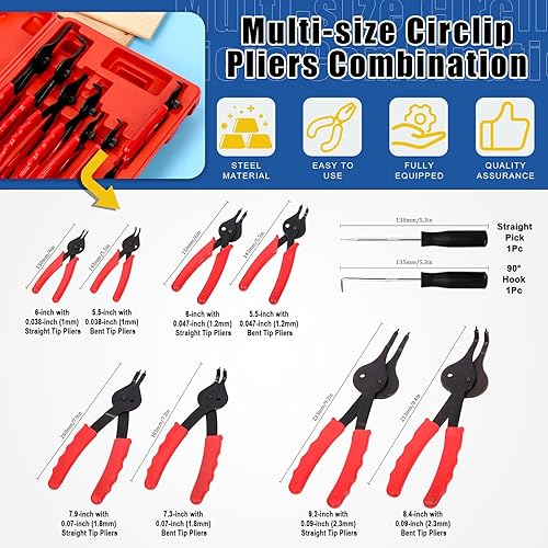 Miniatura 3 de Glarks Juego de 225 alicates de anillo de presión resistentes, alicates de mandíbula rectos y doblados y anillos de retención de clip interno