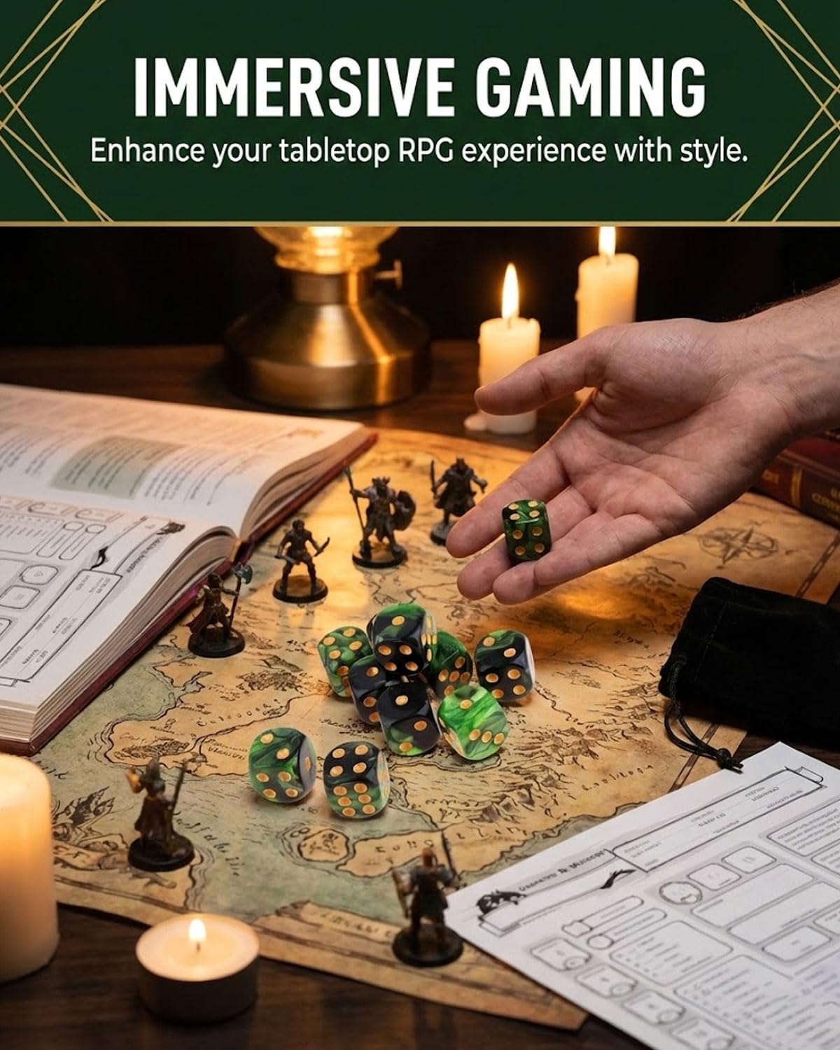 10 PCS Dados,16mm D6 Dados de Rol,Juego de Dado con Bolsa de Terciopelo para juegos de Rol,Mesa,Dice Football,Lecciones de Matemáticas(Negro-Verde)