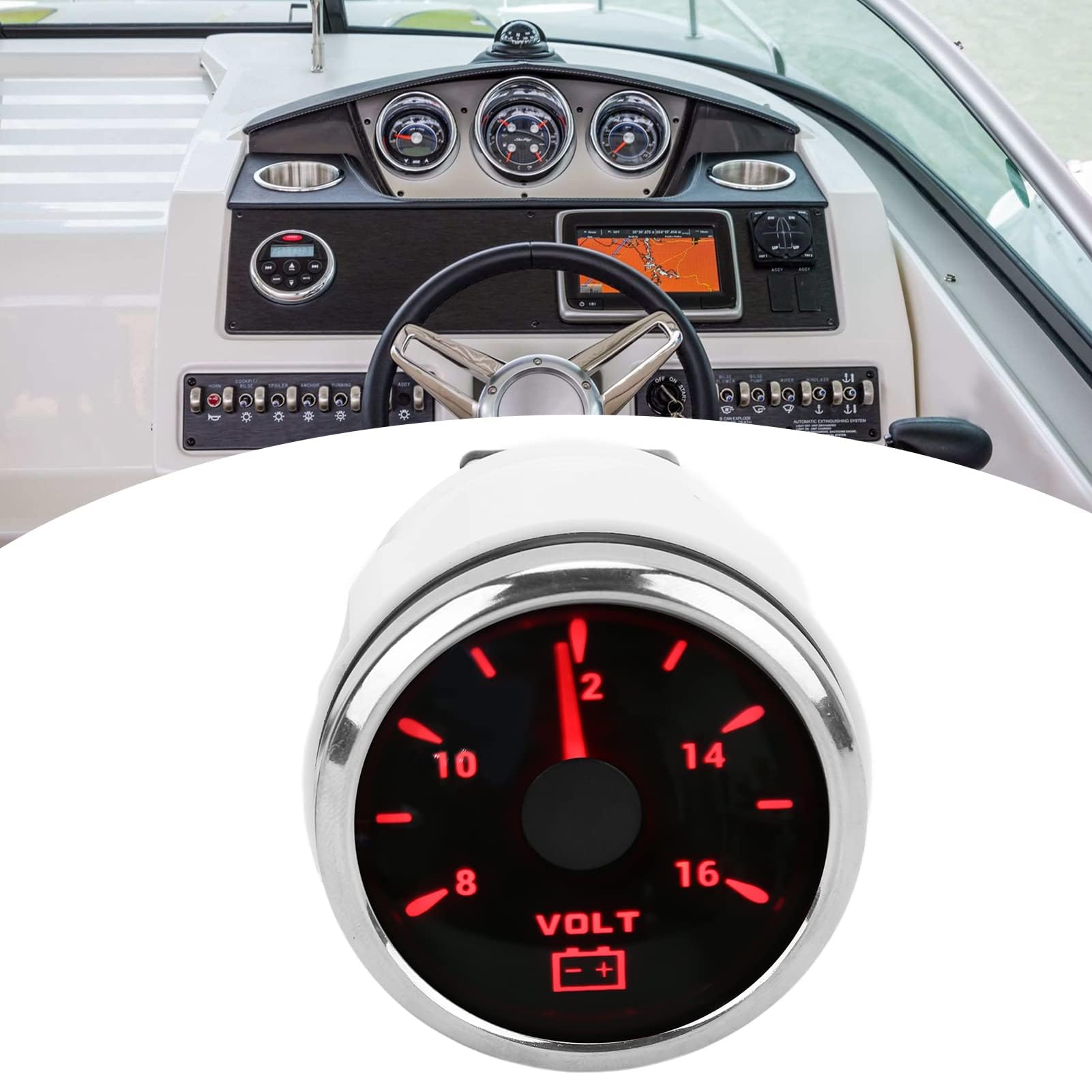 Voltmètre de Bateau, Jauge de Tension Marine 52mm 8-16V Pointeur 7 Couleurs Rétro-éclairage IP67 Voltmètre étanche pour Bateau RV Voiture 9-32V(le noir)