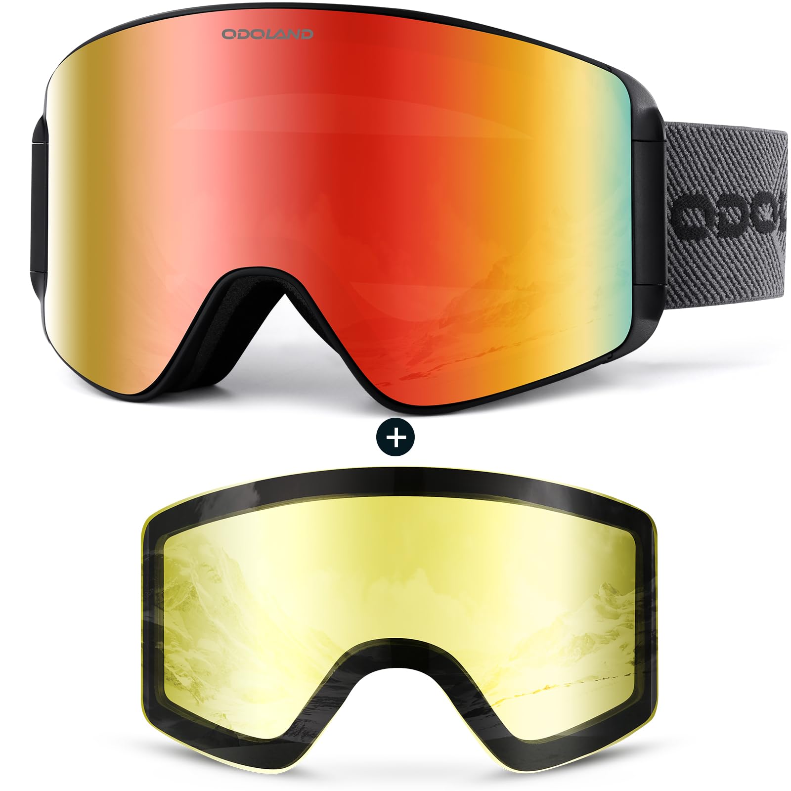Odoland Ski Goggles with Detachable Lens, Frameless Interchangeable Lens Anti-Fog 100% UV Protection Snowboard Snow Goggles