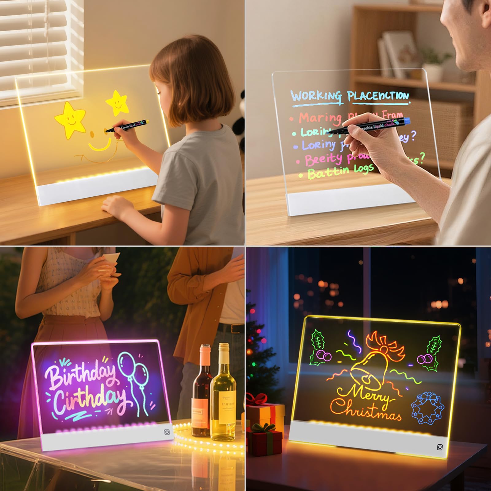 Tablero de notas LED con 7 colores, pizarra de borrado en seco acrílico con luz recargable, tablero de dibujo LED con soporte invisible, tablero de garabatos brillante, regalos de cumpleaños y 4