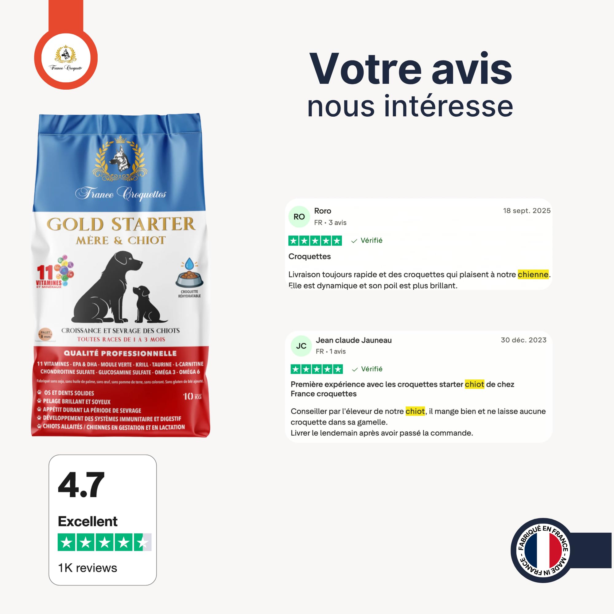 Croquettes Chiens Premium – Gold Starter Mère & Chiots 1 à 3 Mois & Chiennes Gestantes | Croissance, Sevrage Facile, Immunité, Digestion & Vitalité | Fabrication Française – Sac 10 kg