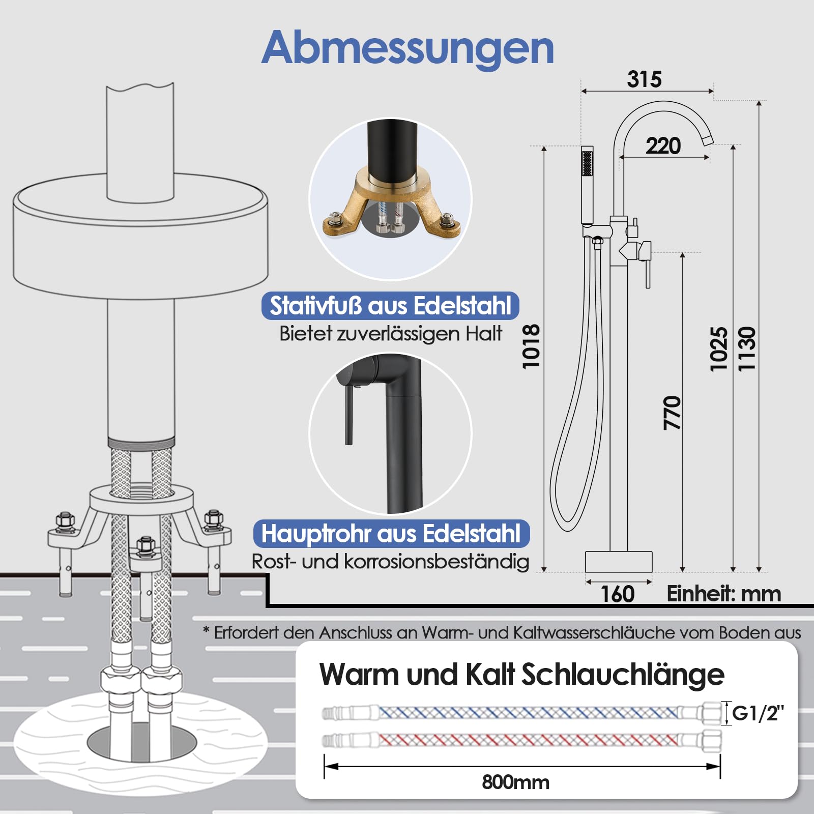 ROVOGO Ganzmetall Freistehende Badewannenarmatur Schwarz mit Handbrause, 360° Schwenkbar Messing Wannenarmatur mit Brause für Freistehende Badewanne, Bodenmontage, Einhebelmischer Armatur Badewanne