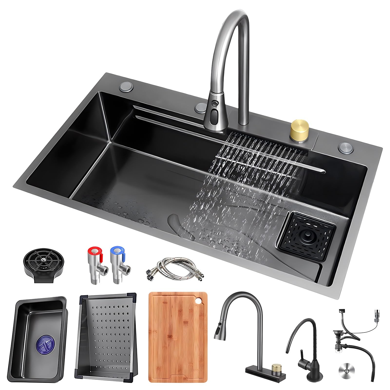ZQFHSX Stainless Steel Waterfall Kitchen Bar Sink, With Pull Out Faucet, Cup Washer And Drain Accessories, Large Single Bowl Workstation RV Sink For Drop In, Undermount(75x45x21cm)