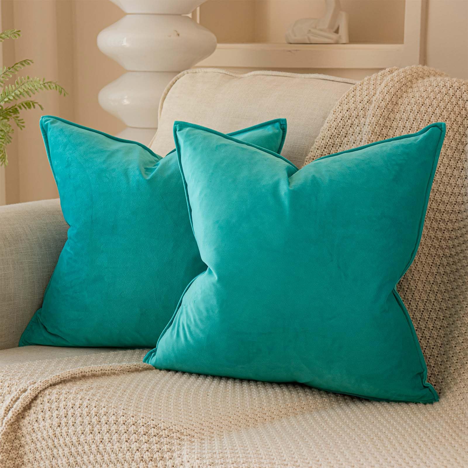 JUSPURBET Turquoise Decorative Velvet Throw Pillow Covers 22x22 inch Set of 2,Broadside Soft Cushion Case with Invisible Zipper for Sofa Couch Bed โ image 1