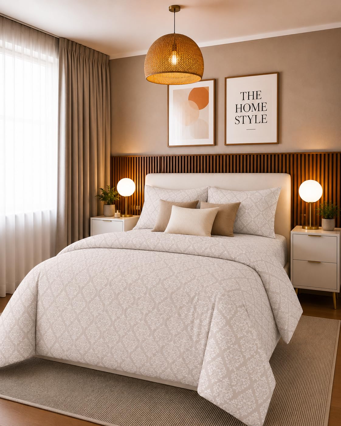 THE HOME STYLE Supersoft Glace Cotton Elastic Fitted All Around King Size Printed Double Bedsheet with 2 Pillow Cover & King Size Comforter/Duvet/Blanket (72"x78" + Comforter, Vanilla Barocca)