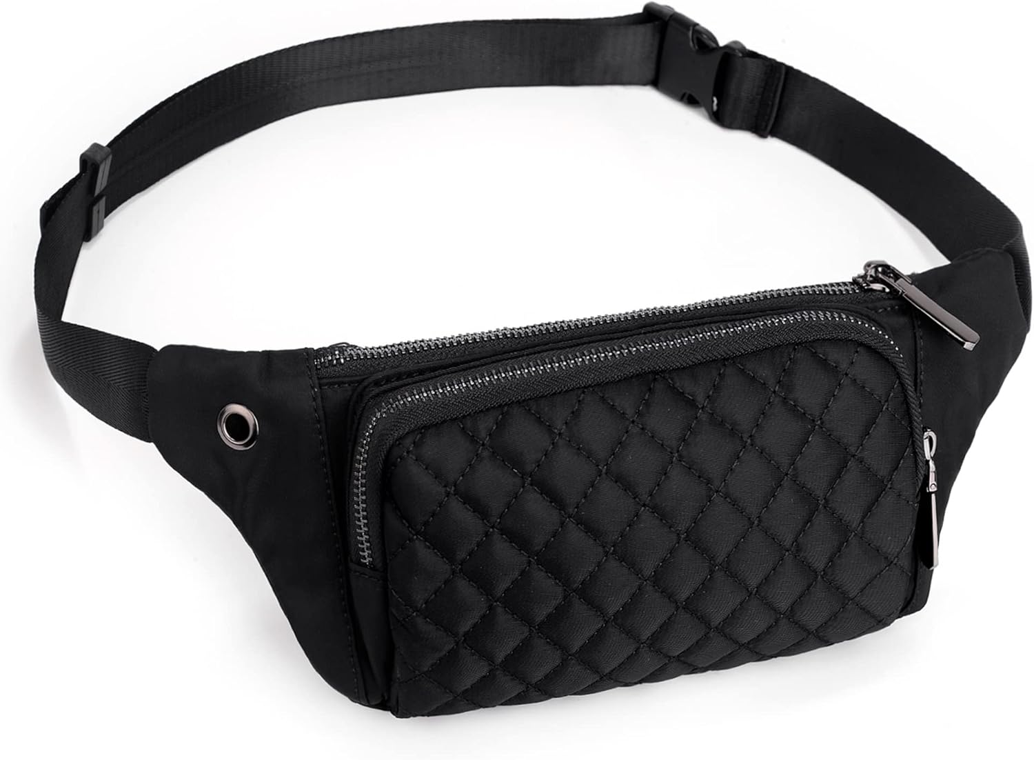UTO Fanny Pack for Women Water-Repellent Nylon Quilted Belt Bag Fashion Lightweight Waist Pack with 3 Zipper Pockets Black