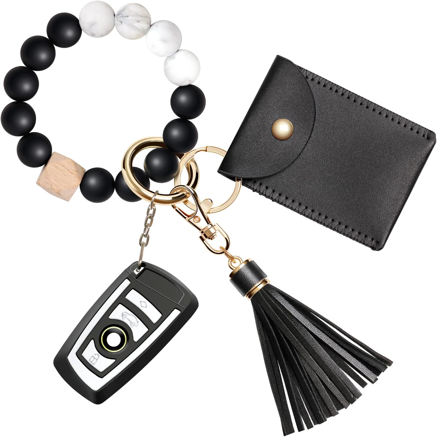UpUDo Keychain Bracelet Wristlet, Silicone Beaded Key Ring Bracelet with Card Wallet, Elastic Keyring Bangle for Womens