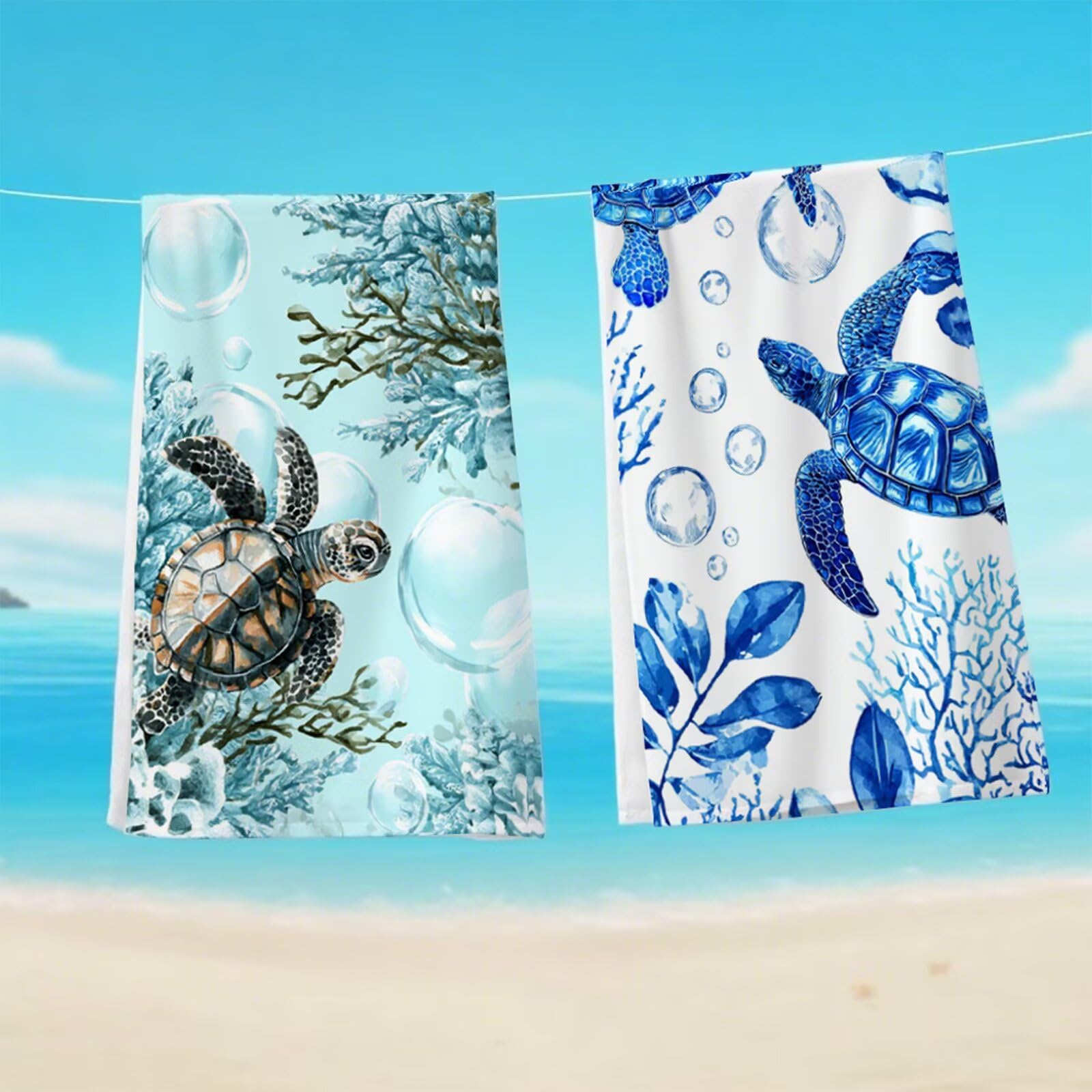 Telo Mare Microfibra 90x180 cm Telo Mare Grande, Asciugamano Palestra Assorbente Asciugatura Rapida, Asciugamano Mare Antisabbi Stuoia Spiaggia per Piscina, Viaggio 2 Set- Tartaruga Marina G1-1104